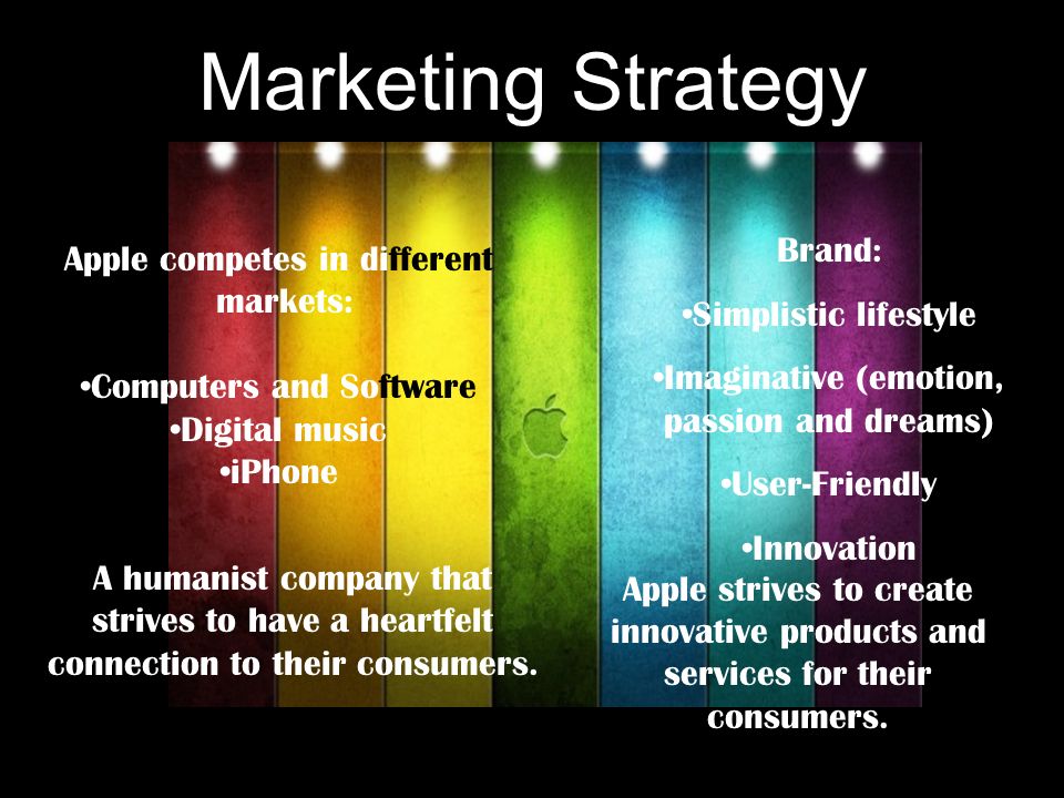 Marketing Strategy Apple competes in different markets: Computers and Software Digital music iPhone Apple strives to create innovative products and services for their consumers.