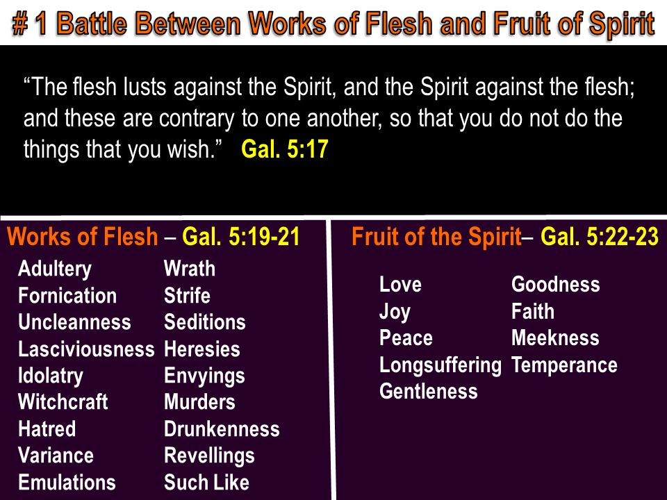 The flesh lusts against the Spirit, and the Spirit against the flesh; and these are contrary to one another, so that you do not do the things that you wish.
