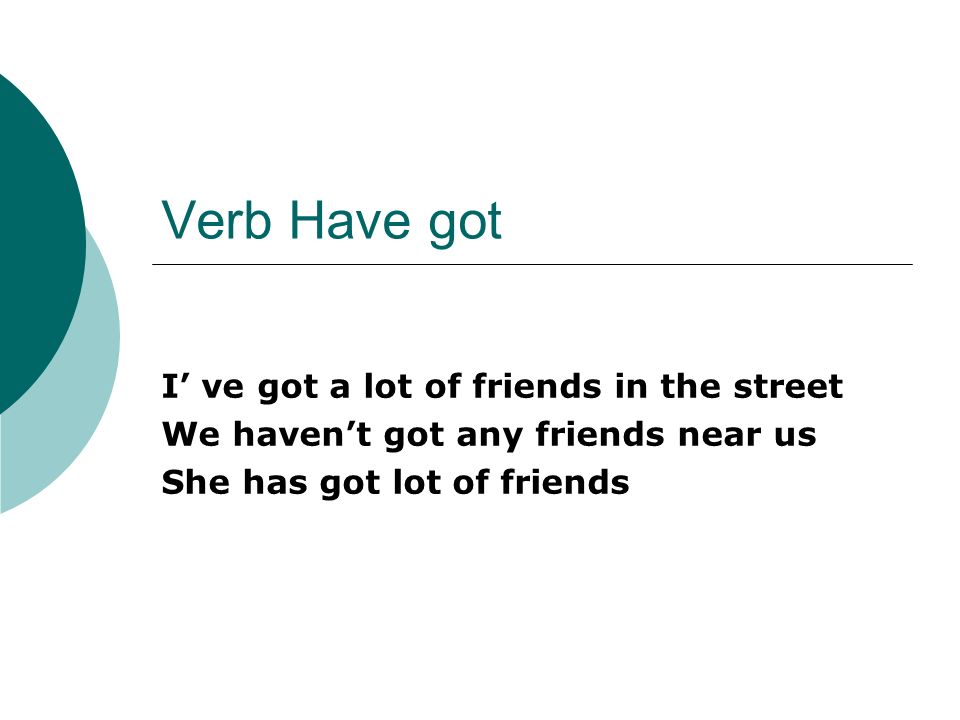 Verb Have got I ve got a lot of friends in the street We havent got any friends near us She has got lot of friends