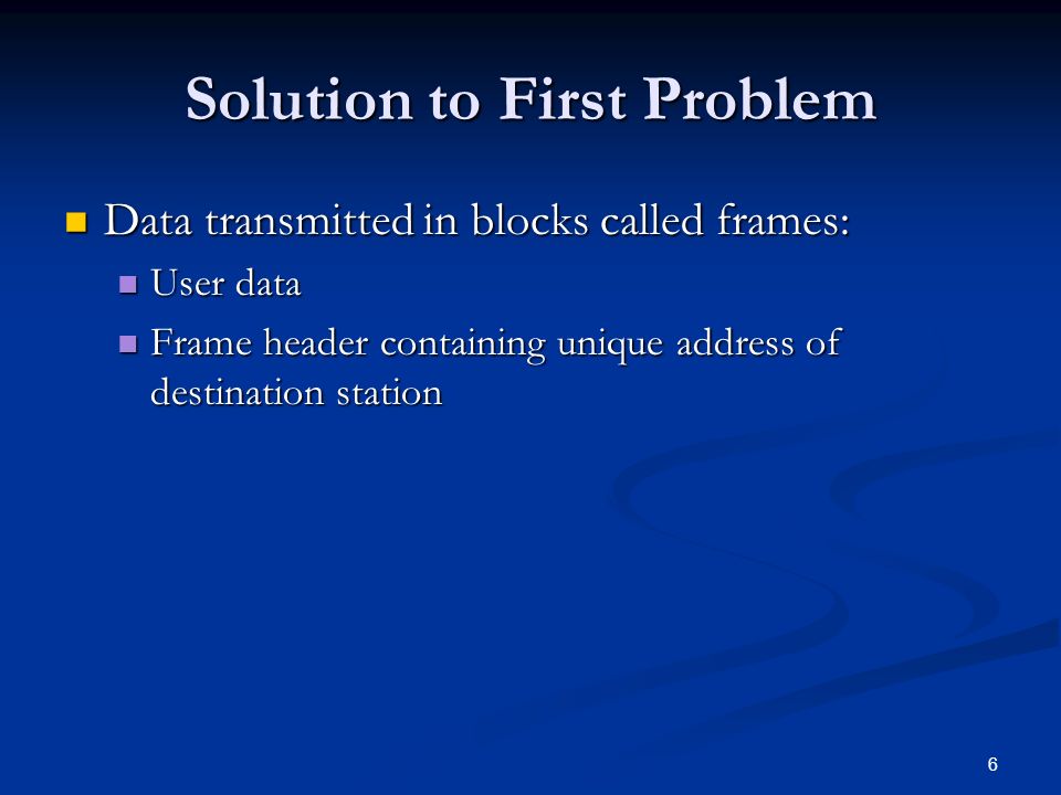 6 Solution to First Problem Data transmitted in blocks called frames: Data transmitted in blocks called frames: User data User data Frame header containing unique address of destination station Frame header containing unique address of destination station