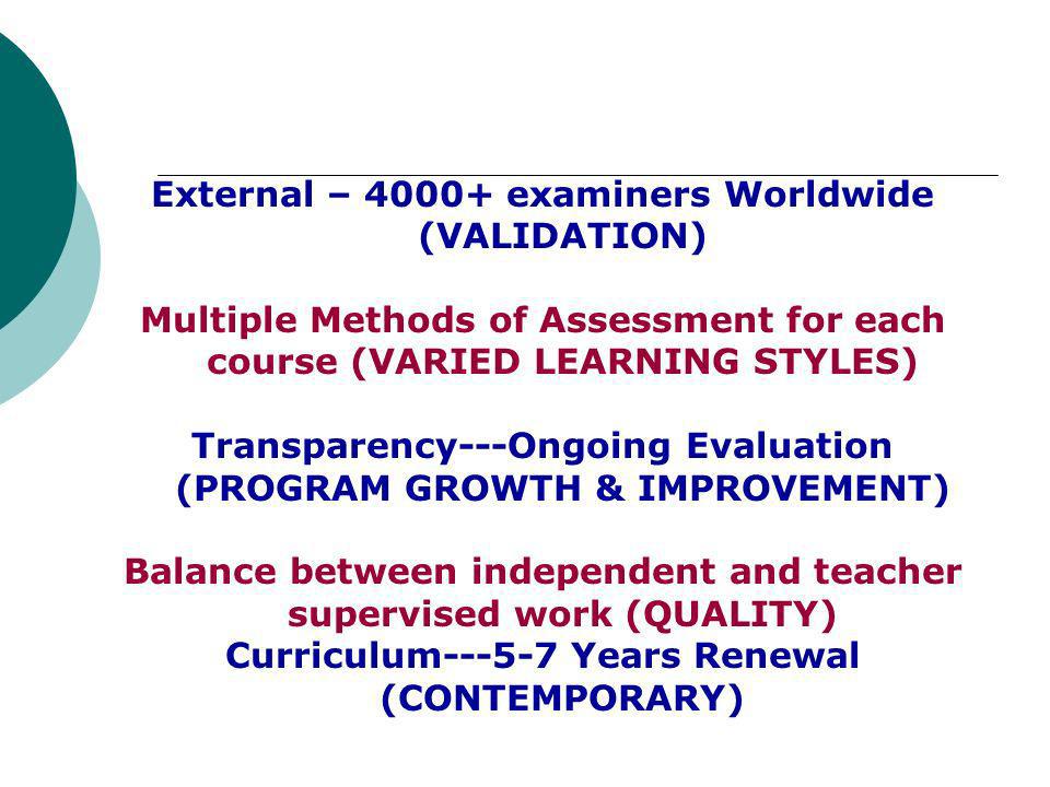 External – examiners Worldwide (VALIDATION) Multiple Methods of Assessment for each course (VARIED LEARNING STYLES) Transparency---Ongoing Evaluation (PROGRAM GROWTH & IMPROVEMENT) Balance between independent and teacher supervised work (QUALITY) Curriculum Years Renewal (CONTEMPORARY)