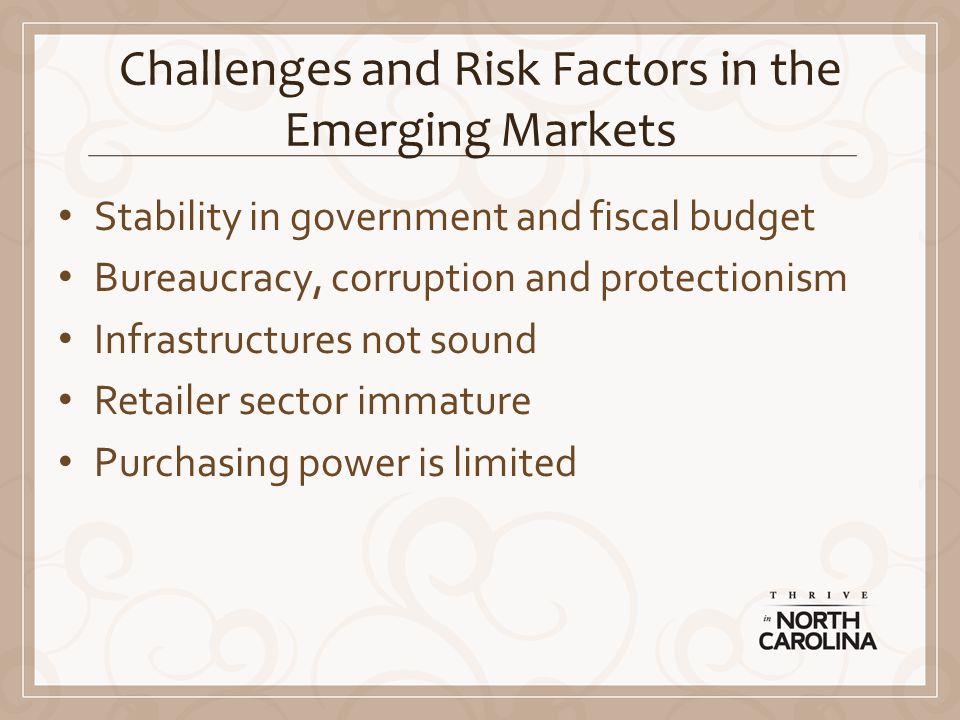 Challenges and Risk Factors in the Emerging Markets Stability in government and fiscal budget Bureaucracy, corruption and protectionism Infrastructures not sound Retailer sector immature Purchasing power is limited