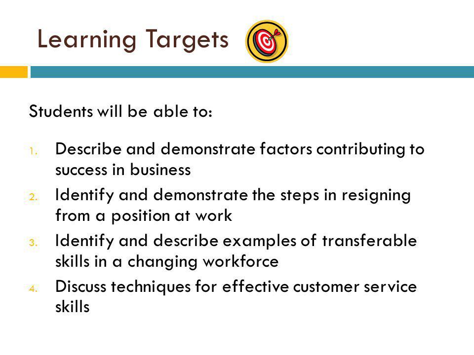 Learning Targets Students will be able to: 1.