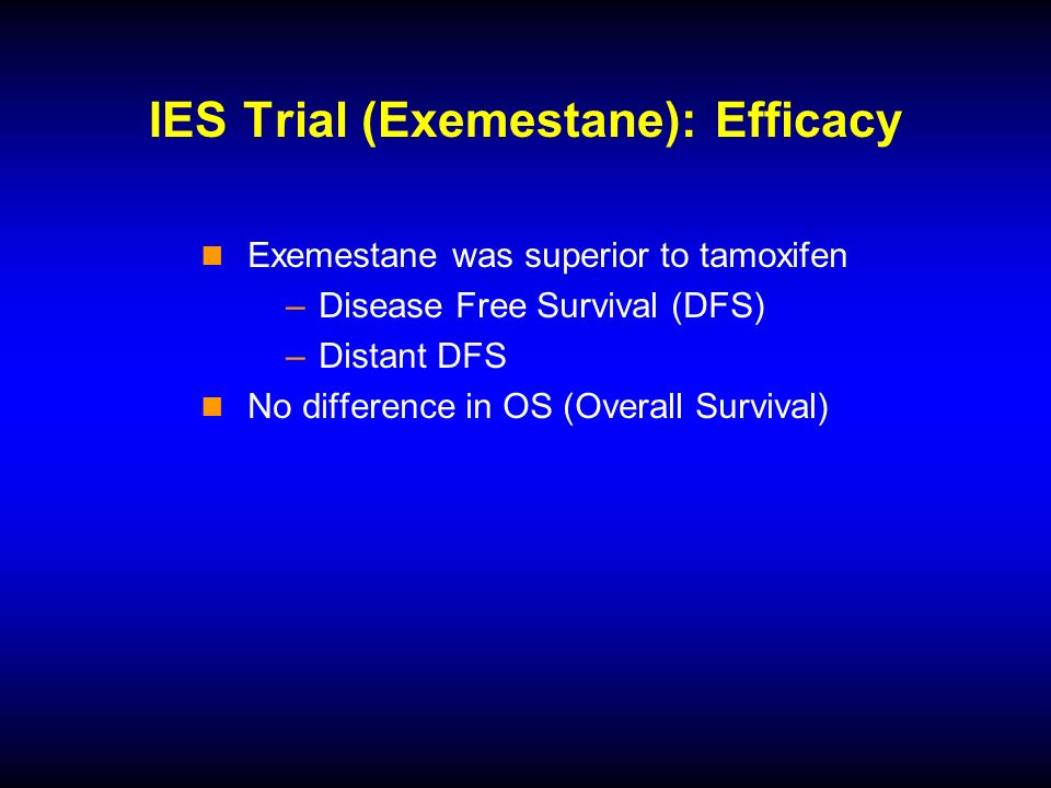 IES Trial (Exemestane): Efficacy Exemestane was superior to tamoxifen –Disease Free Survival (DFS) –Distant DFS No difference in OS (Overall Survival)