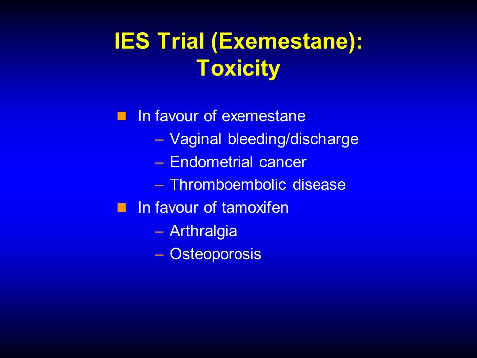 IES Trial (Exemestane): Toxicity In favour of exemestane –Vaginal bleeding/discharge –Endometrial cancer –Thromboembolic disease In favour of tamoxifen –Arthralgia –Osteoporosis