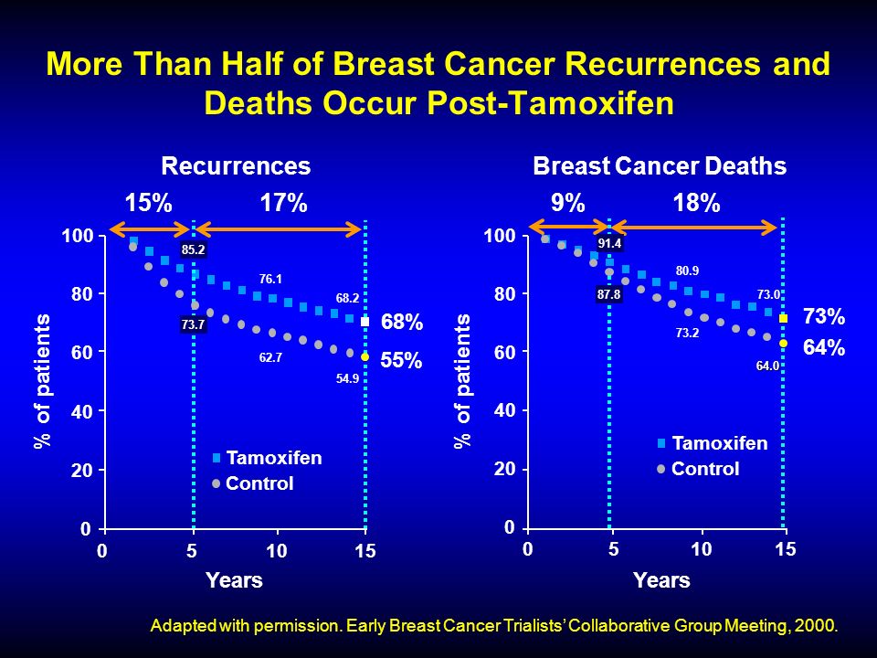 RecurrencesBreast Cancer Deaths More Than Half of Breast Cancer Recurrences and Deaths Occur Post-Tamoxifen Adapted with permission.