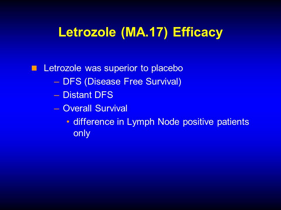 Letrozole (MA.17) Efficacy Letrozole was superior to placebo –DFS (Disease Free Survival) –Distant DFS –Overall Survival difference in Lymph Node positive patients only