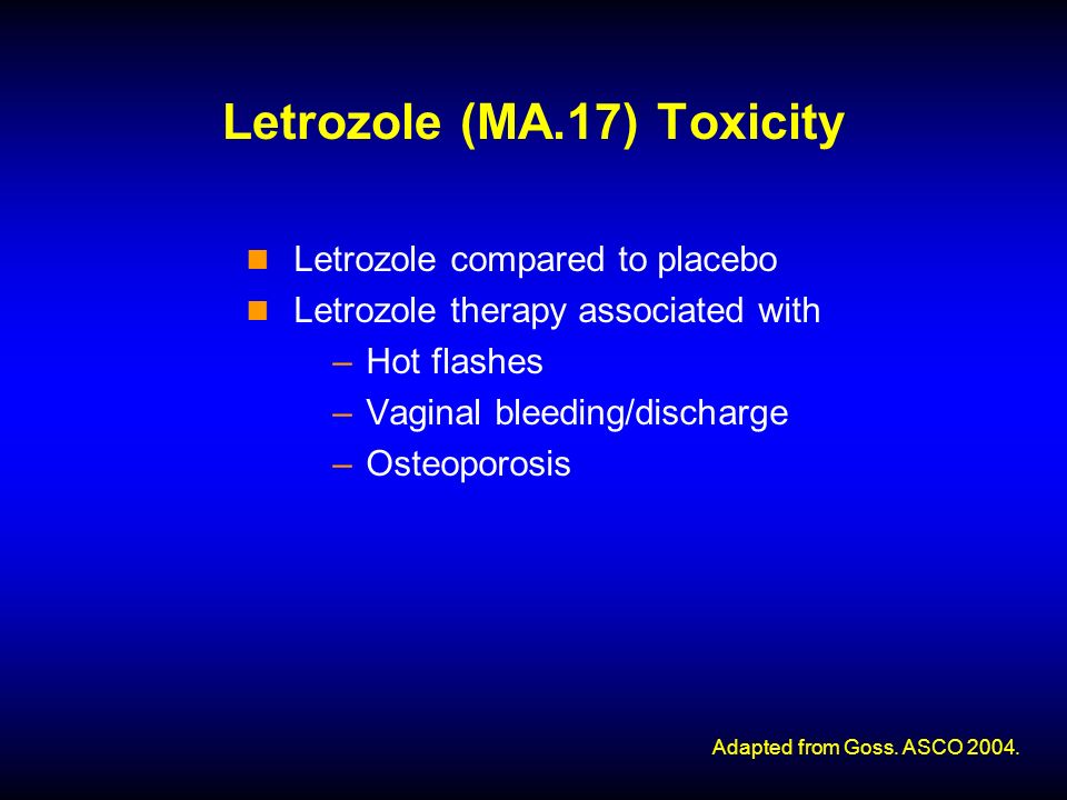 Letrozole (MA.17) Toxicity Letrozole compared to placebo Letrozole therapy associated with –Hot flashes –Vaginal bleeding/discharge –Osteoporosis Adapted from Goss.