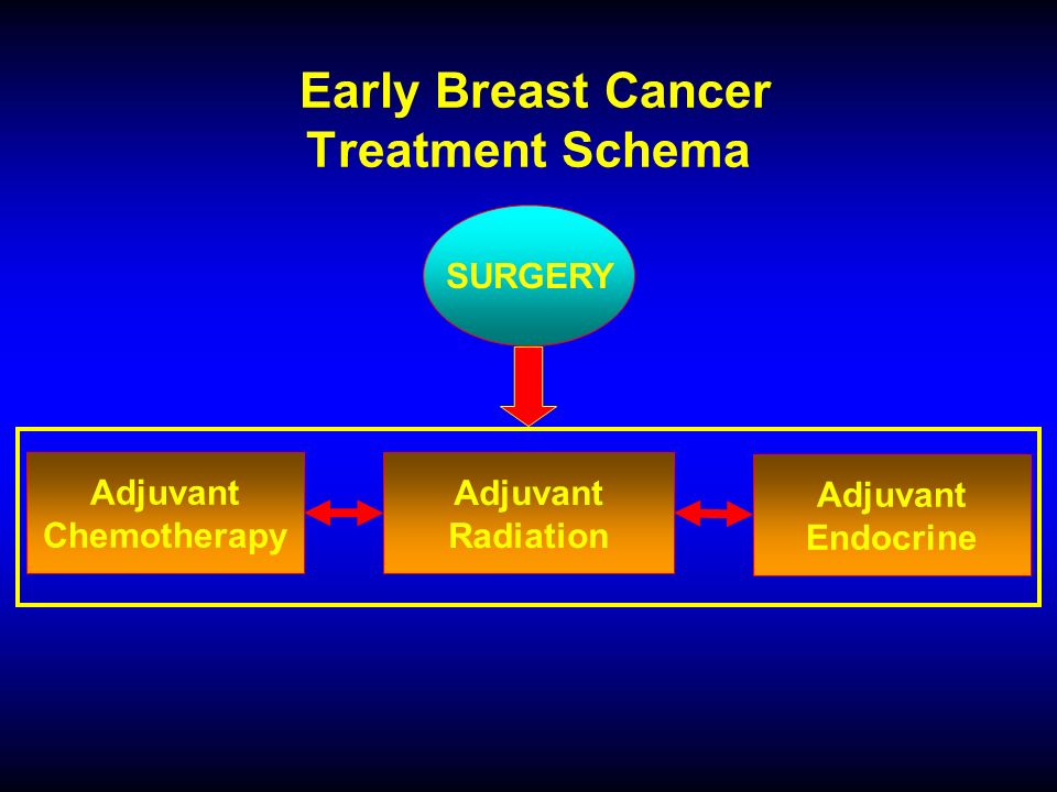 Early Breast Cancer Treatment Schema SURGERY Adjuvant Chemotherapy Adjuvant Radiation Adjuvant Endocrine