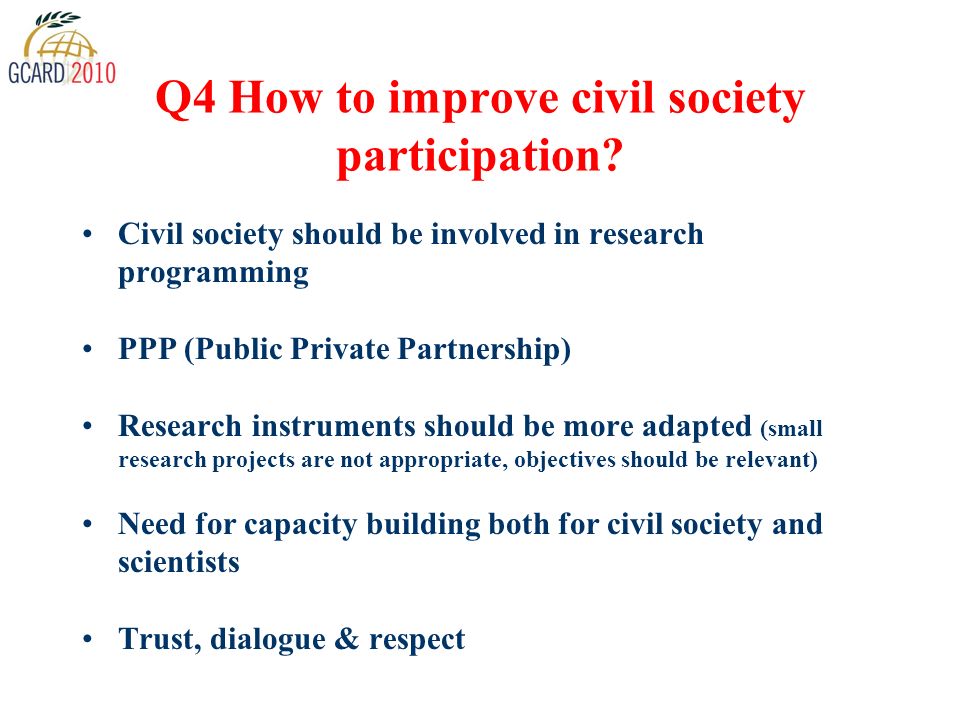Q4 How to improve civil society participation.