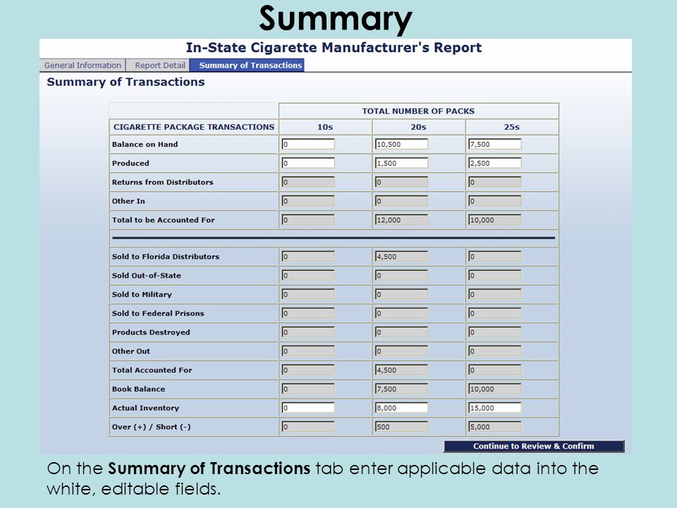 On the Summary of Transactions tab enter applicable data into the white, editable fields. Summary