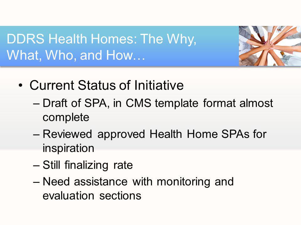 Current Status of Initiative –Draft of SPA, in CMS template format almost complete –Reviewed approved Health Home SPAs for inspiration –Still finalizing rate –Need assistance with monitoring and evaluation sections DDRS Health Homes: The Why, What, Who, and How…