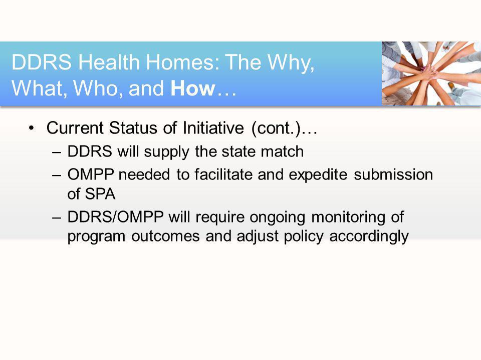 Current Status of Initiative (cont.)… –DDRS will supply the state match –OMPP needed to facilitate and expedite submission of SPA –DDRS/OMPP will require ongoing monitoring of program outcomes and adjust policy accordingly DDRS Health Homes: The Why, What, Who, and How…