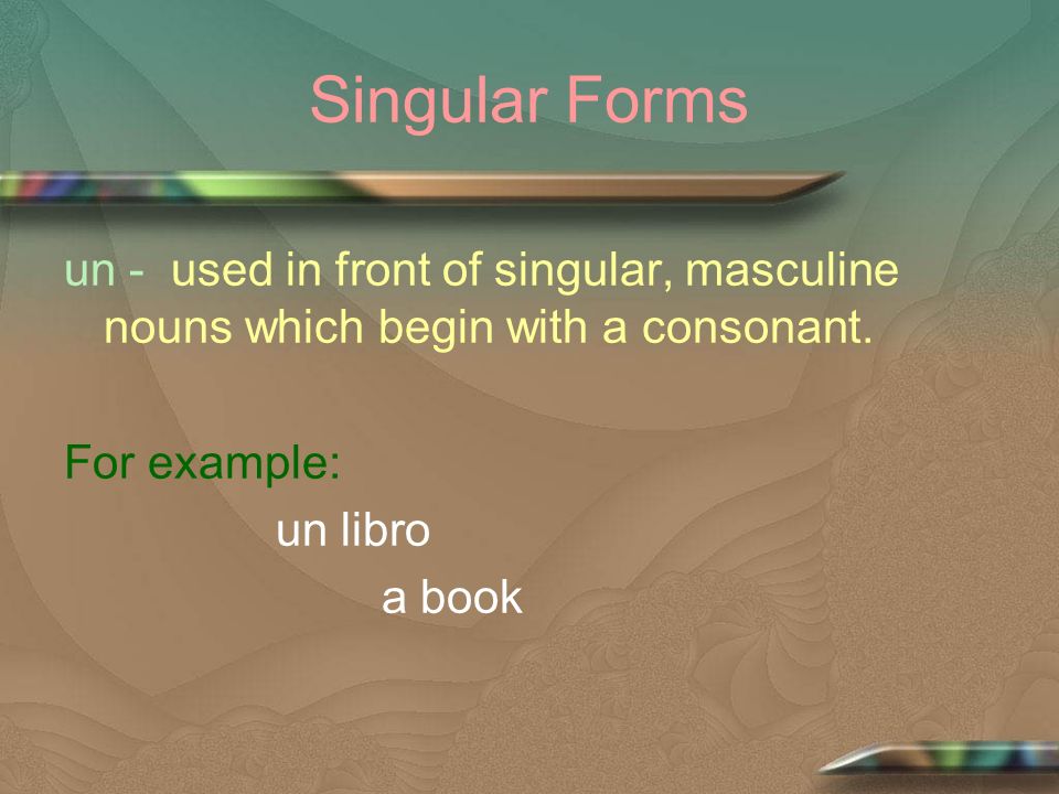 Singular Forms un - used in front of singular, masculine nouns which begin with a consonant.