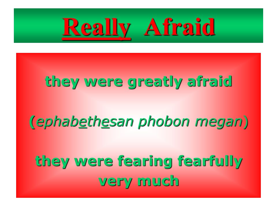 they were greatly afraid (ephabethesan phobon megan) they were fearing fearfully very much Really Afraid