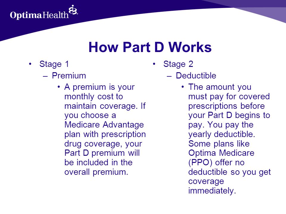 How Part D Works Stage 1 –Premium A premium is your monthly cost to maintain coverage.