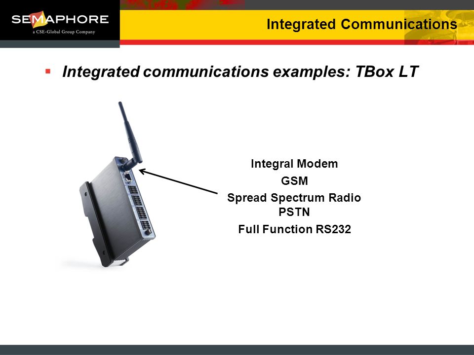 Integrated Communications Integrated communications examples: TBox LT Integral Modem GSM Spread Spectrum Radio PSTN Full Function RS232