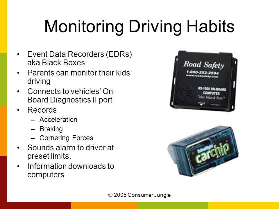 © 2005 Consumer Jungle Monitoring Driving Habits Event Data Recorders (EDRs) aka Black Boxes Parents can monitor their kids driving Connects to vehicles On- Board Diagnostics II port Records –Acceleration –Braking –Cornering Forces Sounds alarm to driver at preset limits.