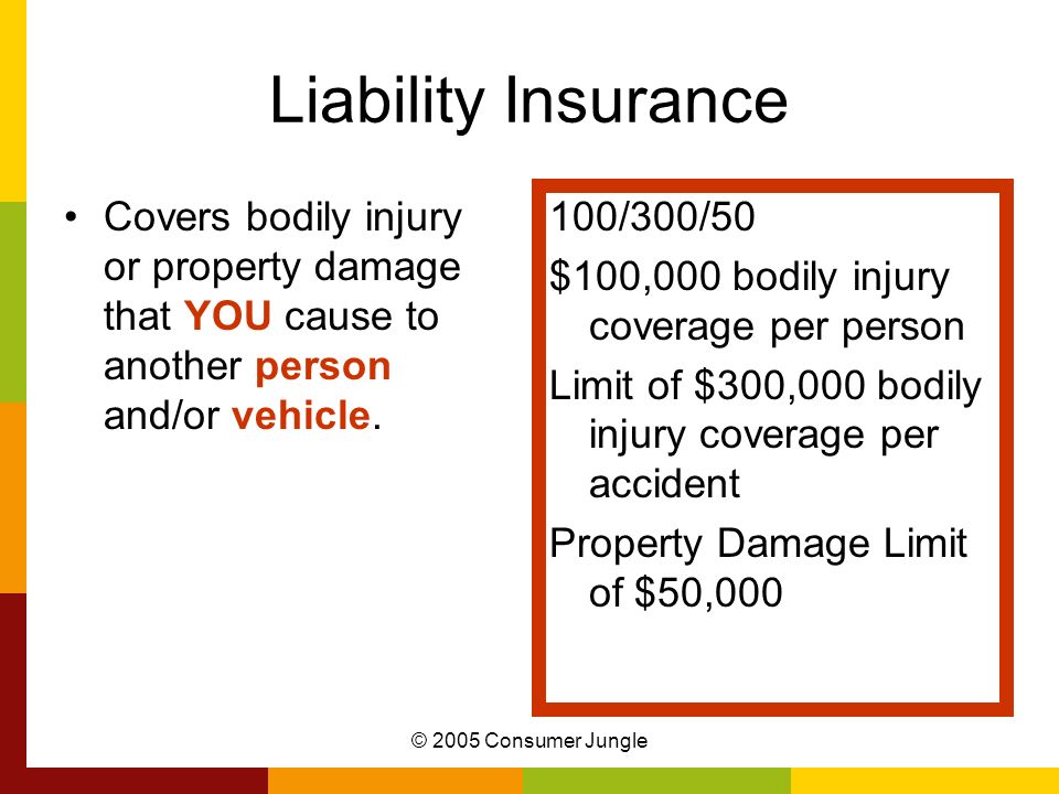 © 2005 Consumer Jungle Liability Insurance Covers bodily injury or property damage that YOU cause to another person and/or vehicle.