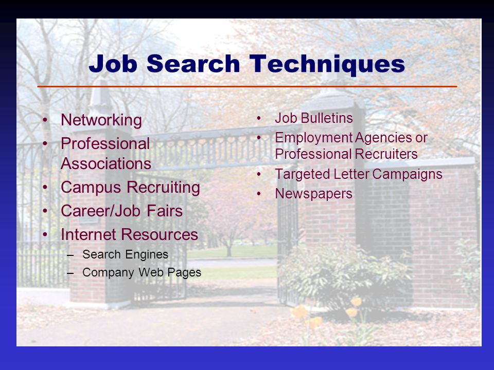 Job Search Techniques Networking Professional Associations Campus Recruiting Career/Job Fairs Internet Resources –Search Engines –Company Web Pages Job Bulletins Employment Agencies or Professional Recruiters Targeted Letter Campaigns Newspapers