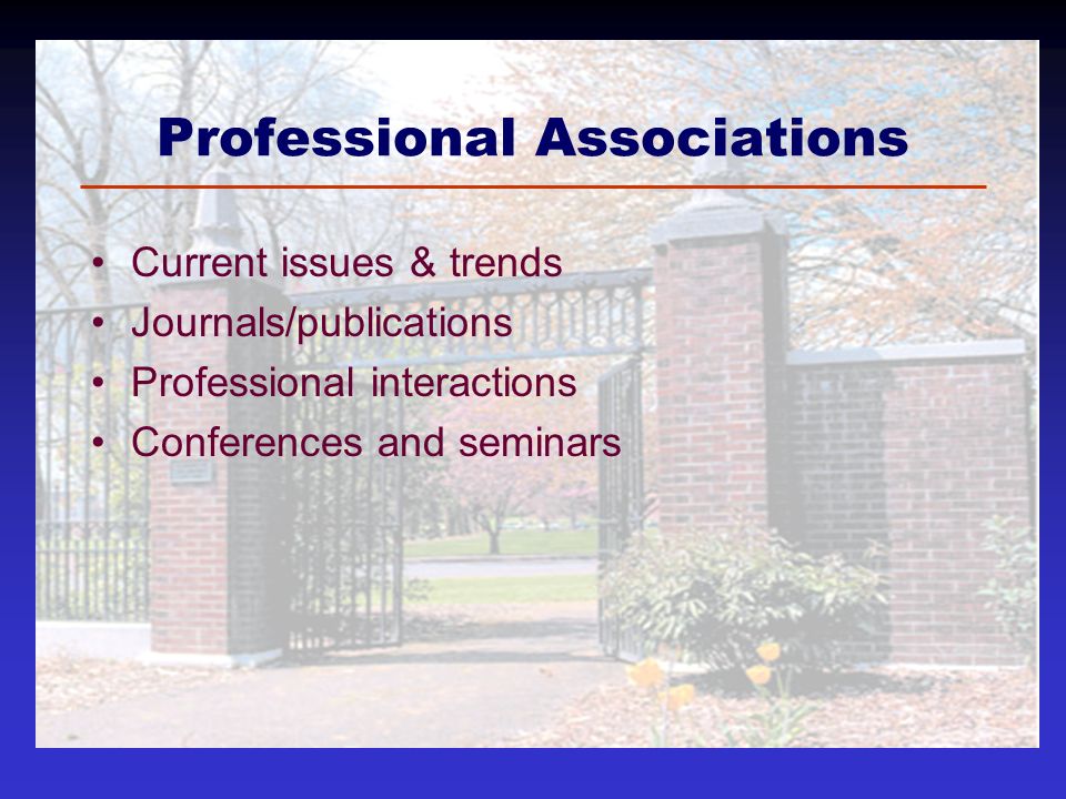 Professional Associations Current issues & trends Journals/publications Professional interactions Conferences and seminars