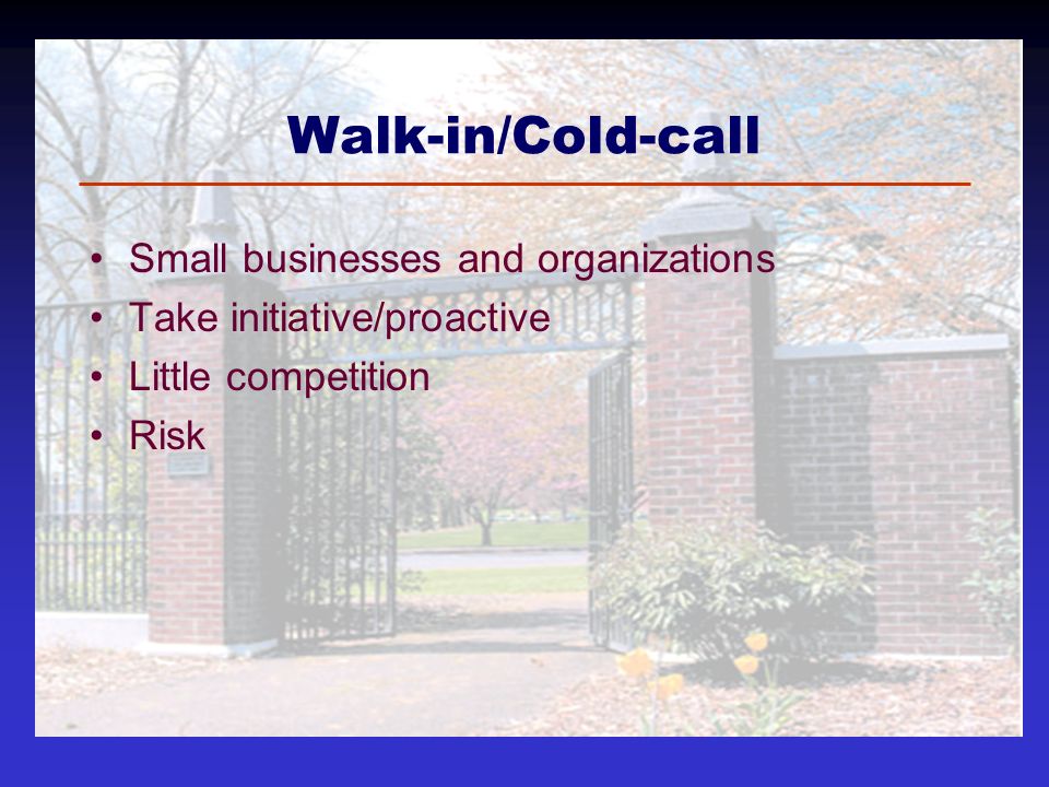 Walk-in/Cold-call Small businesses and organizations Take initiative/proactive Little competition Risk