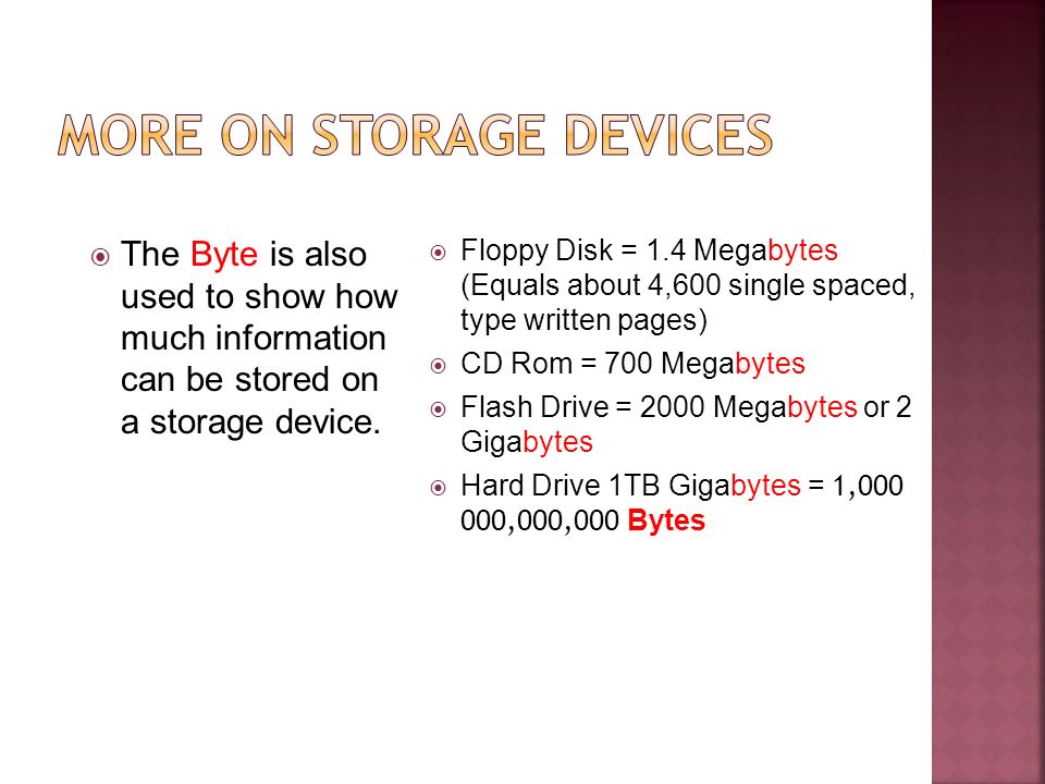 The Byte is also used to show how much information can be stored on a storage device.