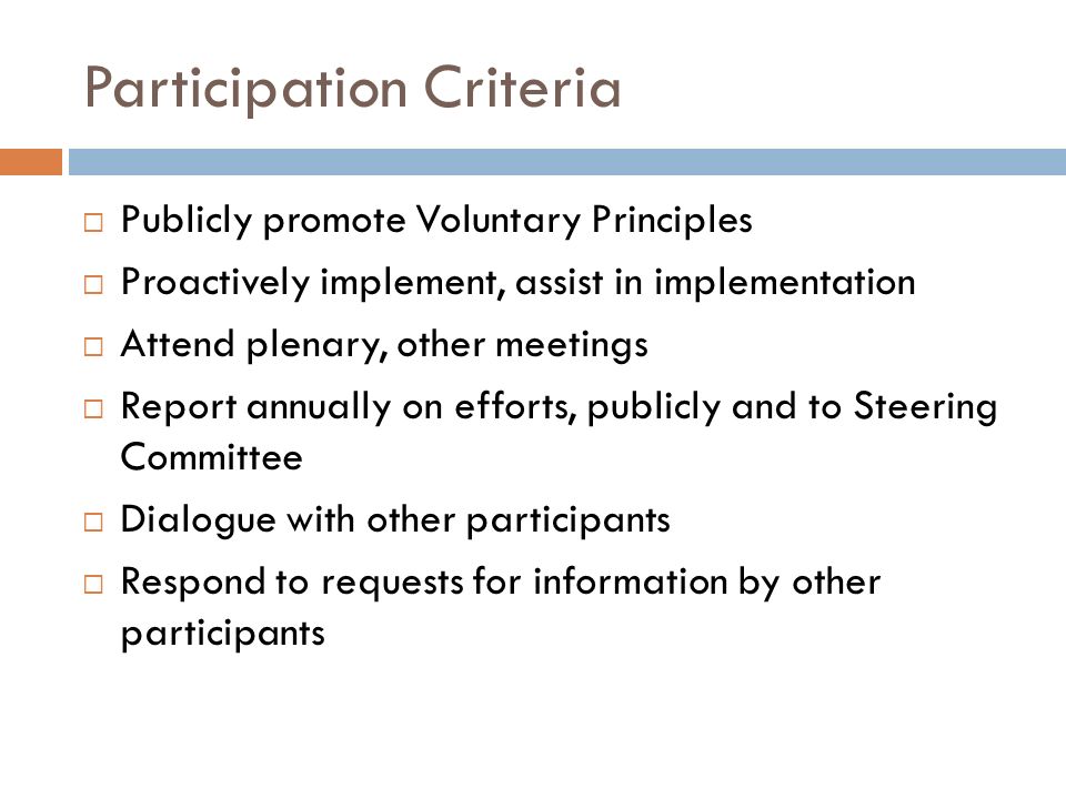 Participation Criteria Publicly promote Voluntary Principles Proactively implement, assist in implementation Attend plenary, other meetings Report annually on efforts, publicly and to Steering Committee Dialogue with other participants Respond to requests for information by other participants