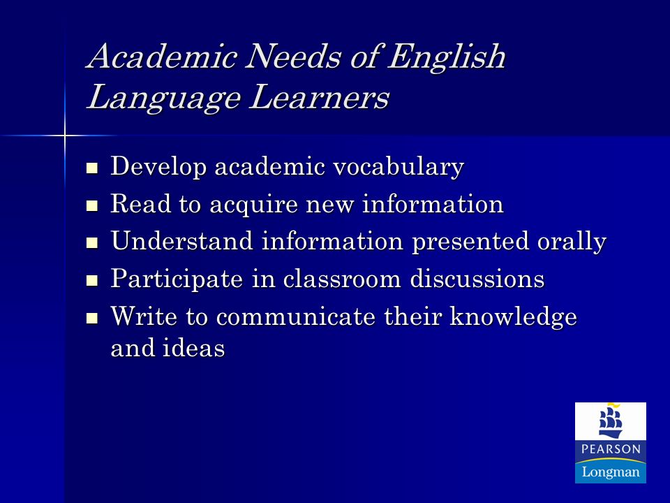 Academic Needs of English Language Learners Develop academic vocabulary Develop academic vocabulary Read to acquire new information Read to acquire new information Understand information presented orally Understand information presented orally Participate in classroom discussions Participate in classroom discussions Write to communicate their knowledge and ideas Write to communicate their knowledge and ideas