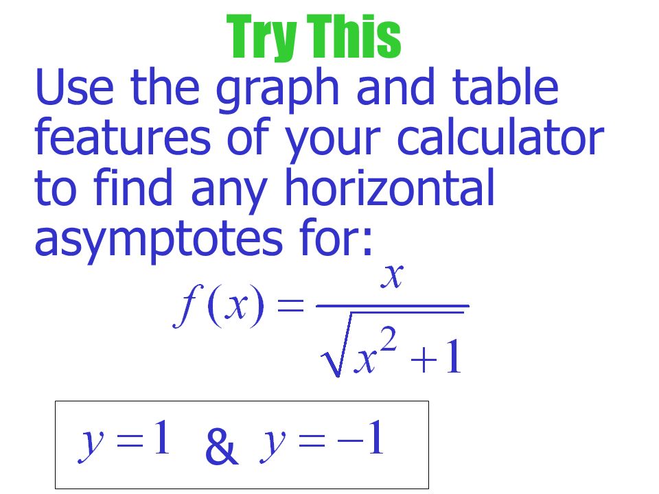 1 5 Limits Involving Infinity Learning Goals 2009 Mark 8 Try This Use The Graph And Table Features Of Your Calculator To Find Any Horizontal Asymptotes For