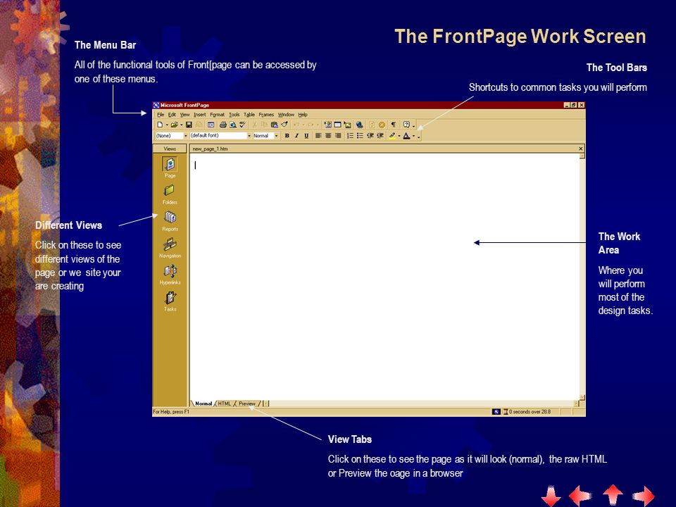 The FrontPage Work Screen The Menu Bar All of the functional tools of Front[page can be accessed by one of these menus.