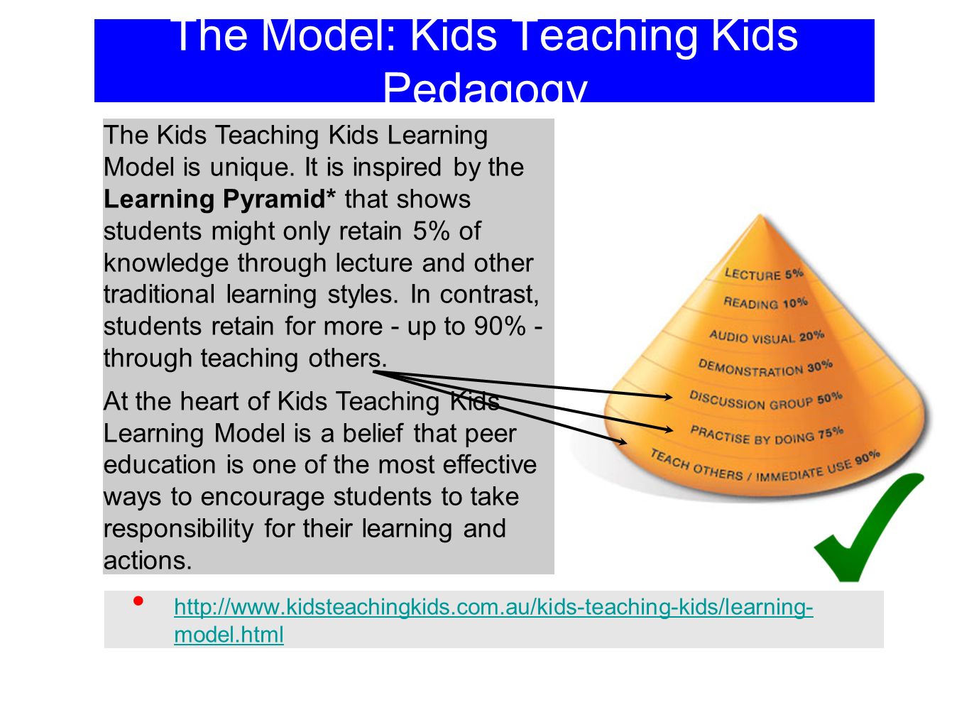 The Model: Kids Teaching Kids Pedagogy   model.html   model.html The Kids Teaching Kids Learning Model is unique.