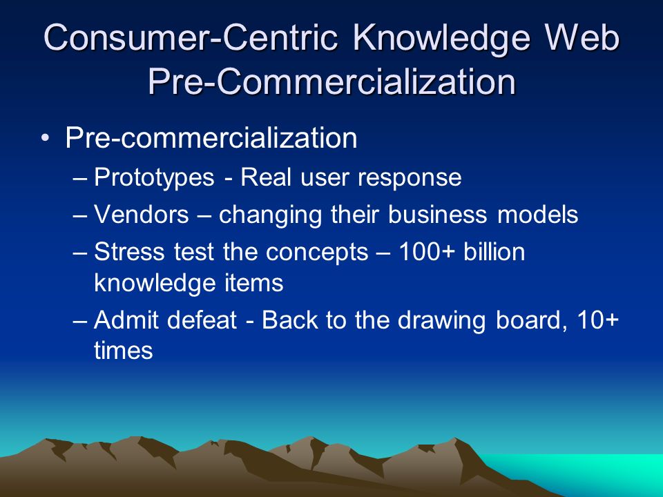 Consumer-Centric Knowledge Web Pre-Commercialization Pre-commercialization –Prototypes - Real user response –Vendors – changing their business models –Stress test the concepts – 100+ billion knowledge items –Admit defeat - Back to the drawing board, 10+ times