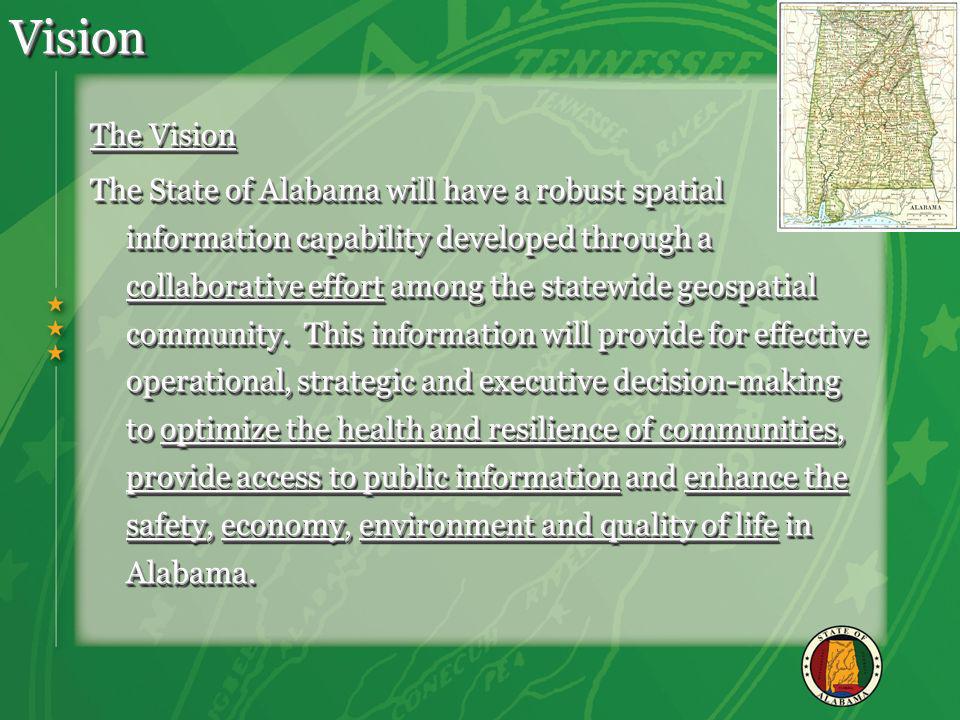 VisionVision The Vision The State of Alabama will have a robust spatial information capability developed through a collaborative effort among the statewide geospatial community.