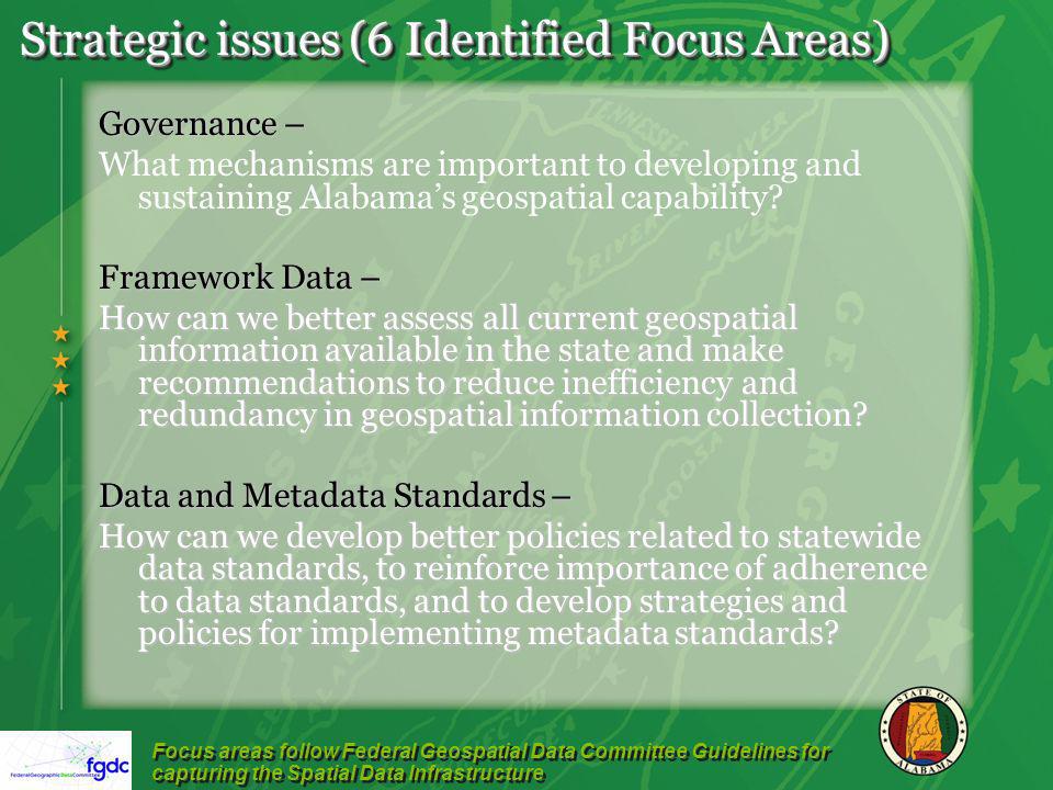 Strategic issues (6 Identified Focus Areas) Governance – What mechanisms are important to developing and sustaining Alabamas geospatial capability.