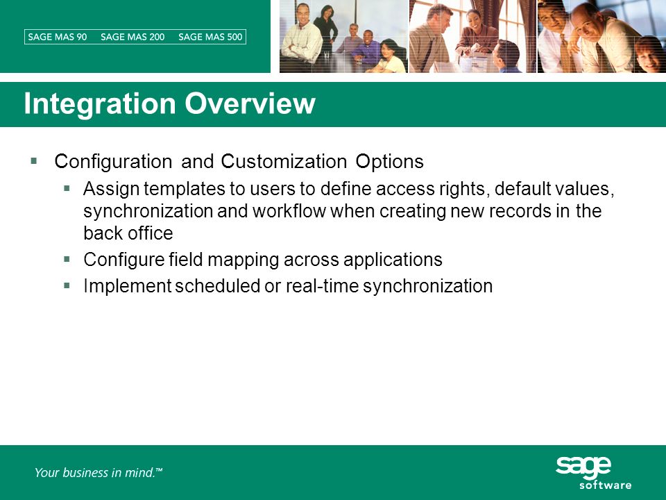 Integration Overview Configuration and Customization Options Assign templates to users to define access rights, default values, synchronization and workflow when creating new records in the back office Configure field mapping across applications Implement scheduled or real-time synchronization