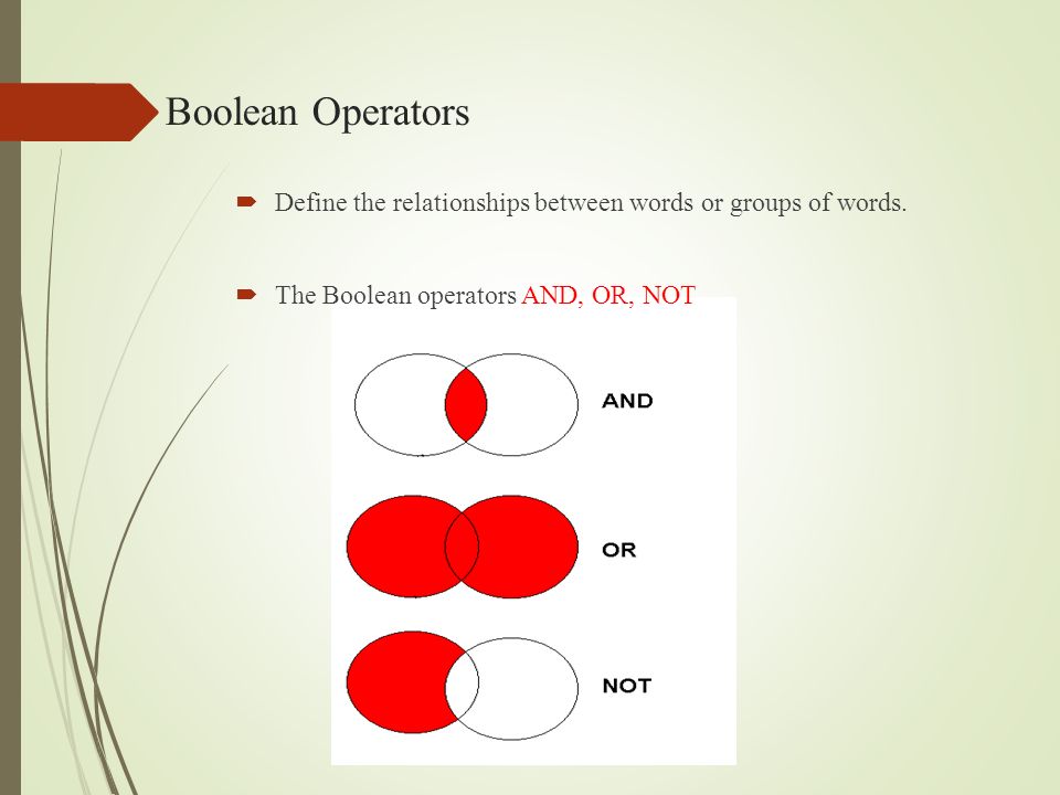 Boolean Operators Define the relationships between words or groups of words.