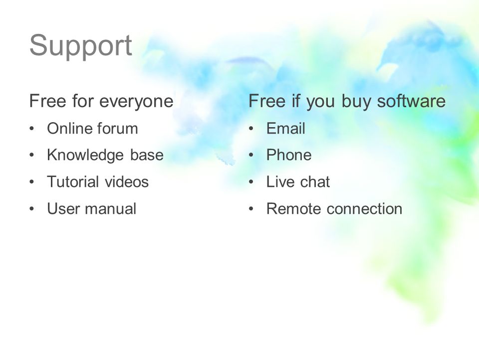 Support Free for everyone Online forum Knowledge base Tutorial videos User manual Free if you buy software  Phone Live chat Remote connection