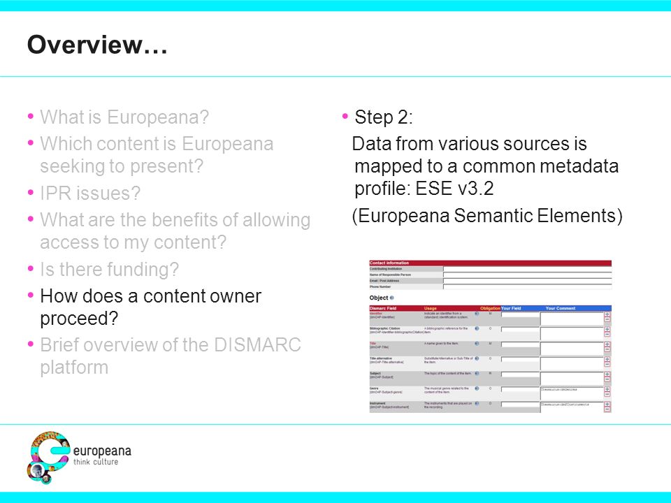What is Europeana. Which content is Europeana seeking to present.