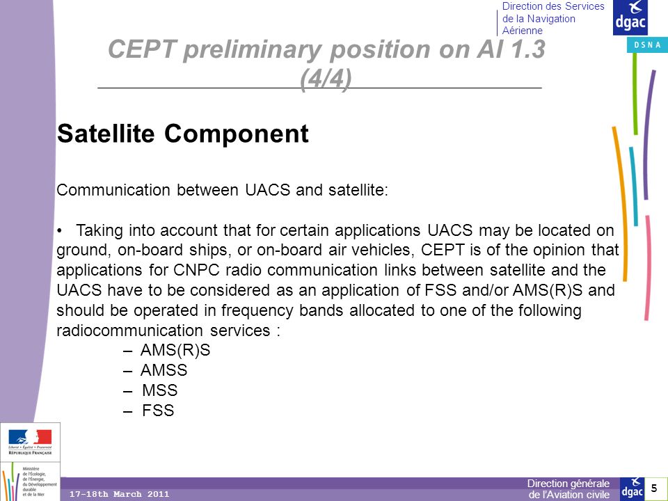 5 5 Direction générale de lAviation civile Direction des Services de la Navigation Aérienne 17-18th March 2011 Satellite Component Communication between UACS and satellite: Taking into account that for certain applications UACS may be located on ground, on-board ships, or on-board air vehicles, CEPT is of the opinion that applications for CNPC radio communication links between satellite and the UACS have to be considered as an application of FSS and/or AMS(R)S and should be operated in frequency bands allocated to one of the following radiocommunication services : – AMS(R)S – AMSS – MSS – FSS CEPT preliminary position on AI 1.3 (4/4)