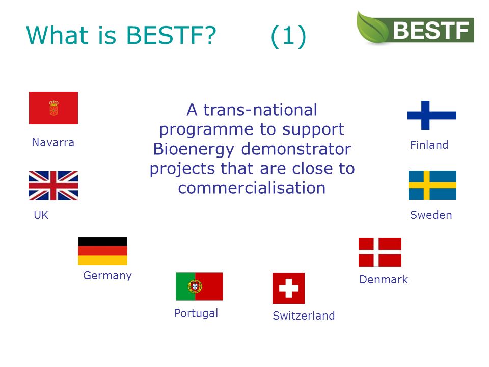 What is BESTF (1) A trans-national programme to support Bioenergy demonstrator projects that are close to commercialisation Denmark Navarra Germany Portugal UKSweden Finland Switzerland