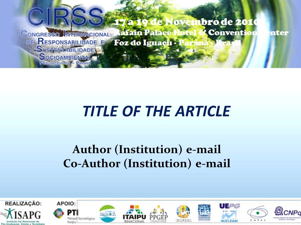 1 TITLE OF THE ARTICLE Author (Institution)  Co-Author (Institution)