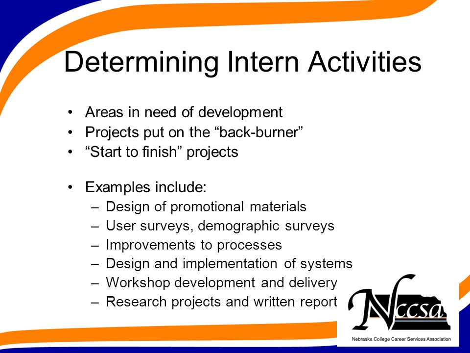 Determining Intern Activities Areas in need of development Projects put on the back-burner Start to finish projects Examples include: –Design of promotional materials –User surveys, demographic surveys –Improvements to processes –Design and implementation of systems –Workshop development and delivery –Research projects and written reports