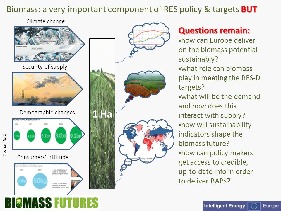 BUT Biomass: a very important component of RES policy & targets BUT Climate change Demographic changes Security of supply Consumers attitude 1 Ha Source: BBC Questions remain: how can Europe deliver on the biomass potential sustainably.