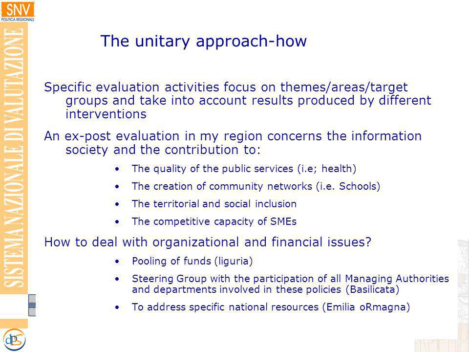 Specific evaluation activities focus on themes/areas/target groups and take into account results produced by different interventions An ex-post evaluation in my region concerns the information society and the contribution to: The quality of the public services (i.e; health) The creation of community networks (i.e.