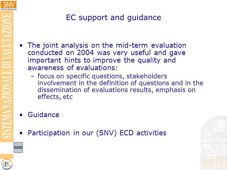 EC support and guidance The joint analysis on the mid-term evaluation conducted on 2004 was very useful and gave important hints to improve the quality and awareness of evaluations: –focus on specific questions, stakeholders involvement in the definition of questions and in the dissemination of evaluations results, emphasis on effects, etc Guidance Participation in our (SNV) ECD activities