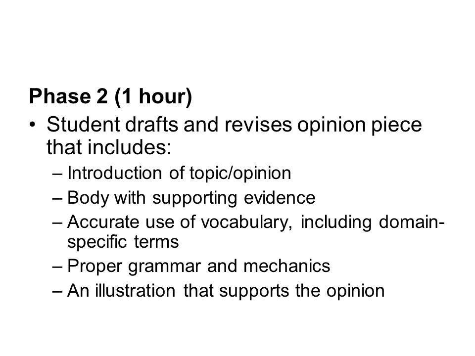 Phase 2 (1 hour) Student drafts and revises opinion piece that includes: –Introduction of topic/opinion –Body with supporting evidence –Accurate use of vocabulary, including domain- specific terms –Proper grammar and mechanics –An illustration that supports the opinion