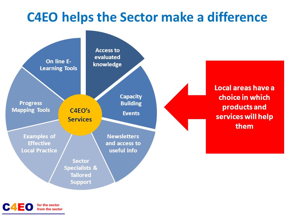 C4EO helps the Sector make a difference Access to evaluated knowledge Capacity Building Events Newsletters and access to useful info Sector Specialists & Tailored Support Examples of Effective Local Practice Progress Mapping Tools On line E- Learning Tools Local areas have a choice in which products and services will help them C4EOs Services