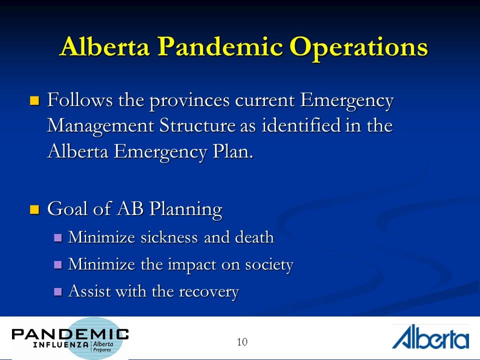 10 Alberta Pandemic Operations Follows the provinces current Emergency Management Structure as identified in the Alberta Emergency Plan.