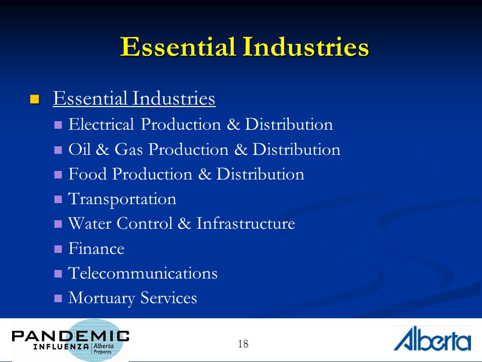 18 Essential Industries Electrical Production & Distribution Oil & Gas Production & Distribution Food Production & Distribution Transportation Water Control & Infrastructure Finance Telecommunications Mortuary Services